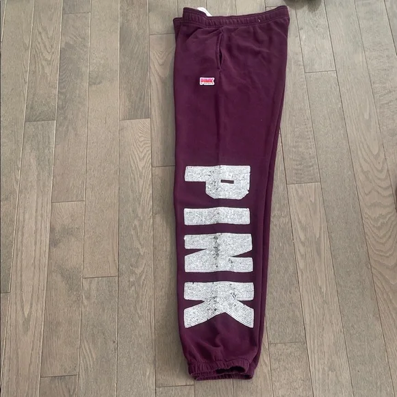 Pink Maroon Hoodie & Sweatpants Set - 'Love Pink’ With Sequence & Logo, Small/Xs - Picture 4 of 14